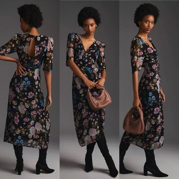 Maeve Puff-Sleeve Midi Dress Floral - Picture 1 of 12
